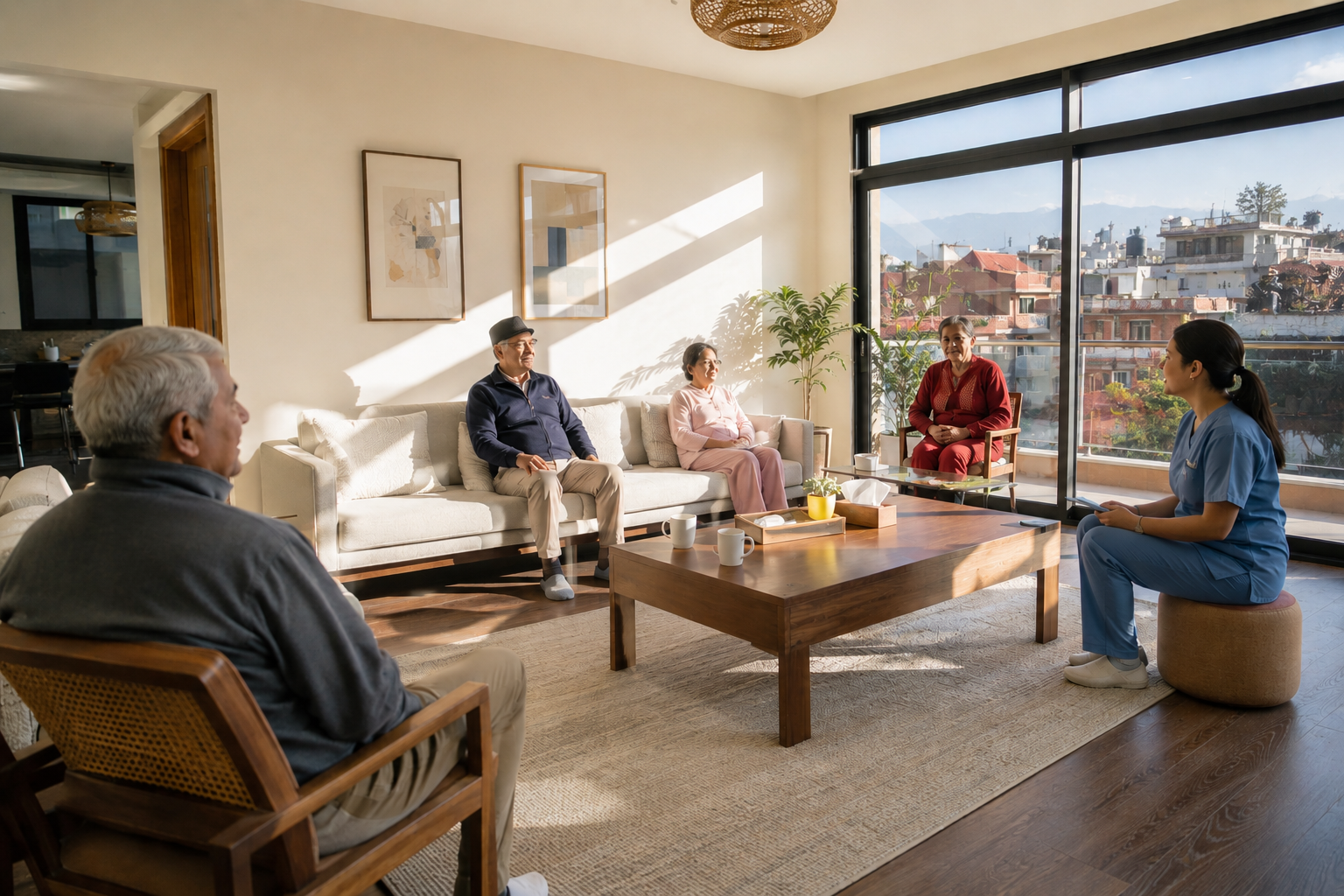 Elderly residents and a carer in a sunlit communal room