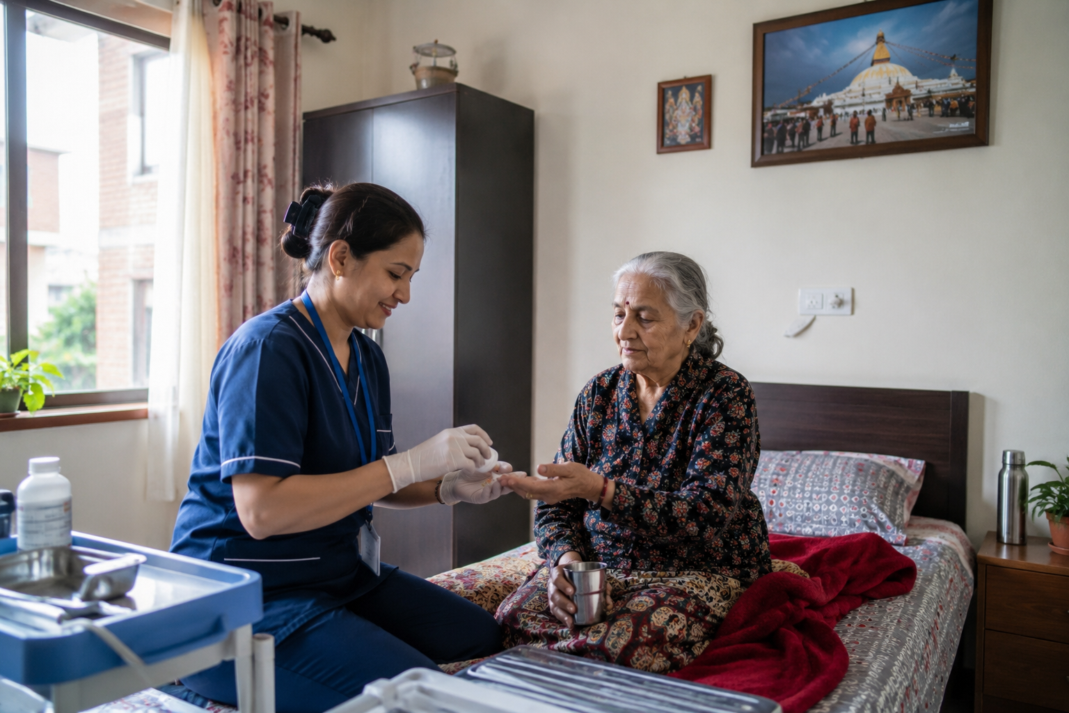 A nurse providing care to a resident