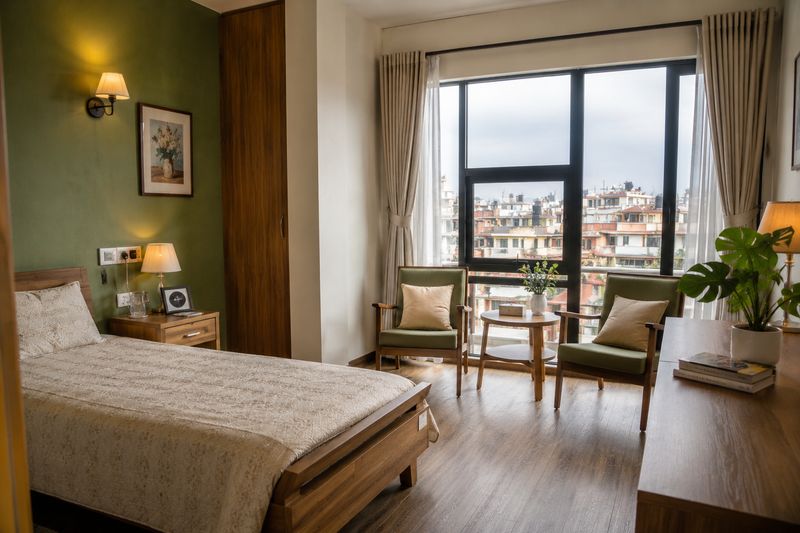 A resident bedroom with a single bed, bedside lamp, two armchairs and a large window